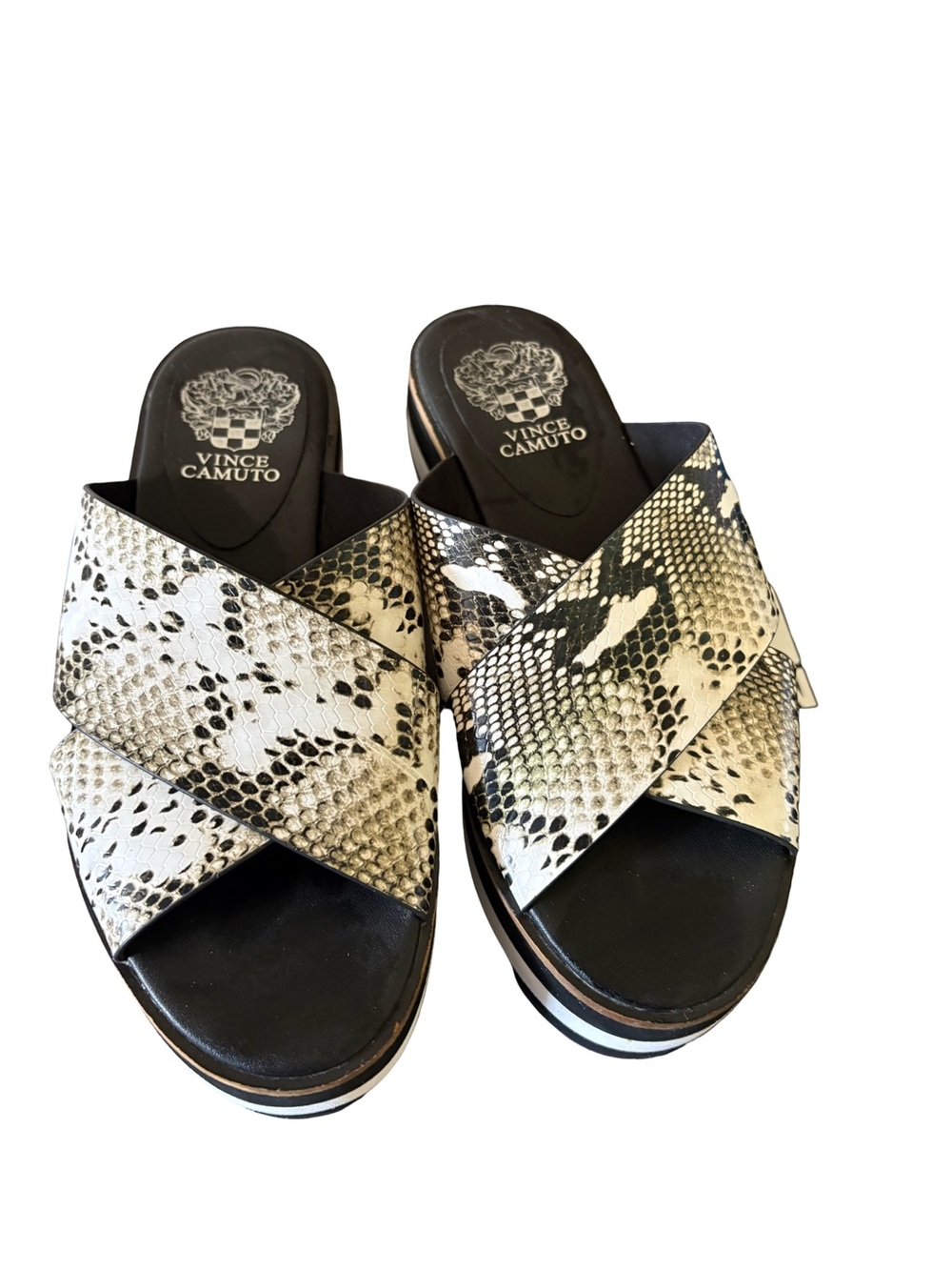 Vince Camuto Black & White Snakeskin Crisscross Platform Mules